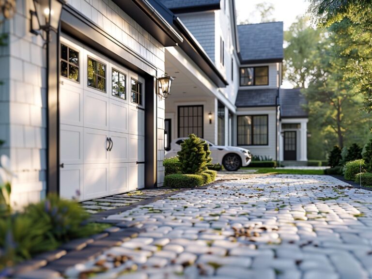 A white car parked in the driveway of a traditional house with a white garage door.