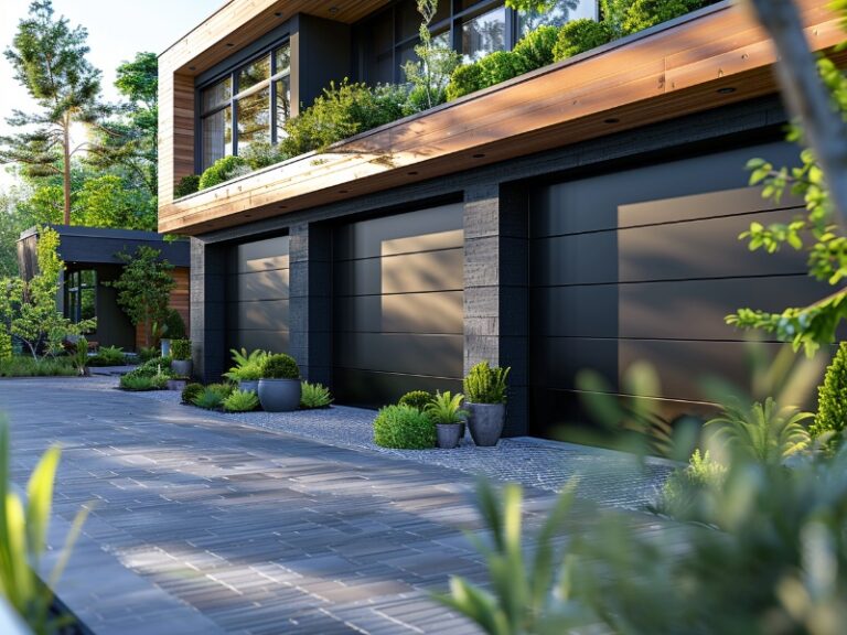 A home with a newly installed insulated garage doors.