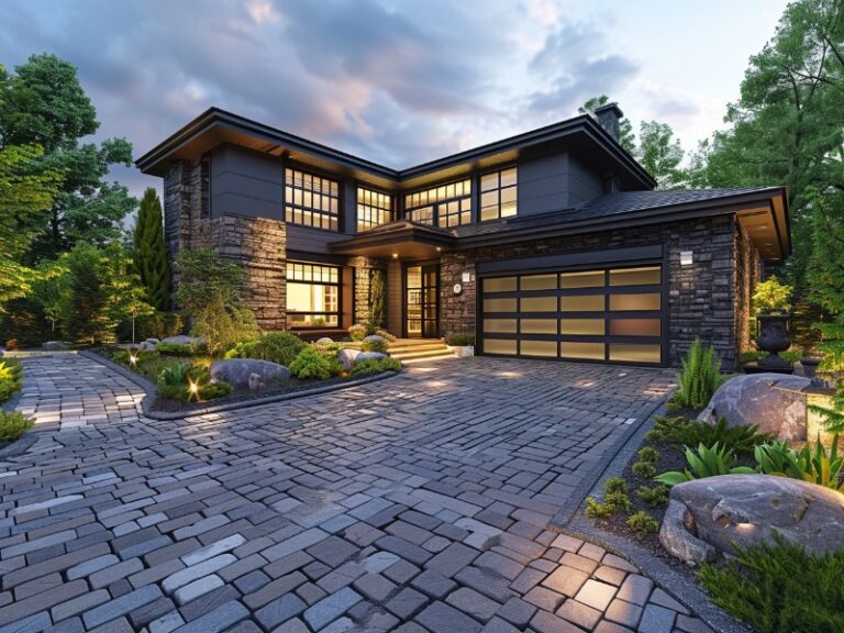 Modern two-story house with a stone and dark wood exterior, large windows, and a glass-panel garage door, featuring a beautifully paved driveway and lush landscaping with rocks and greenery.