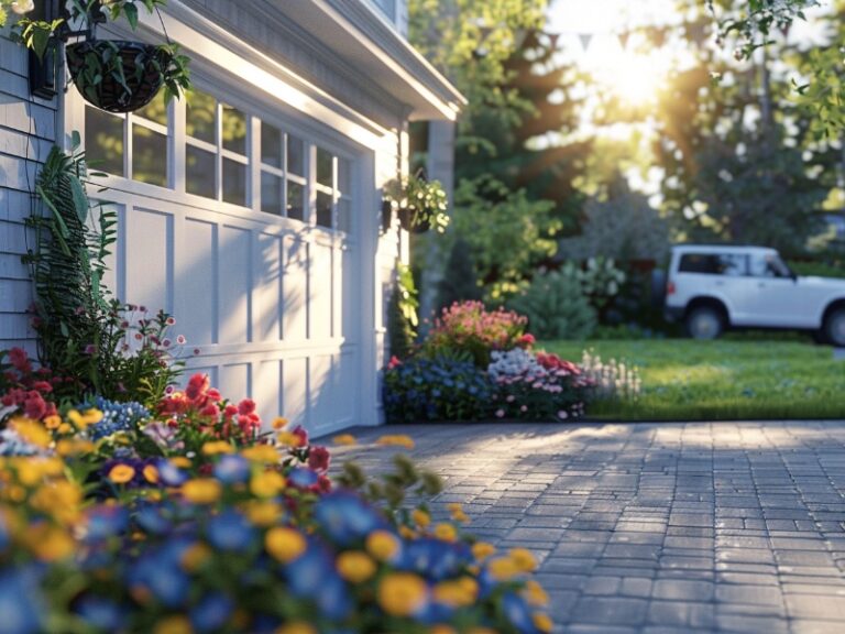 Charming garage with white doors and windows, surrounded by colorful flowers and greenery, with a white car parked on a sunlit, paved driveway.
