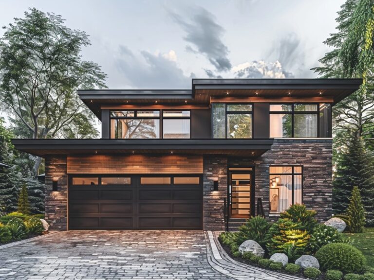 Modern home with a dark garage door, stone and wood exterior, and lush landscaping.
