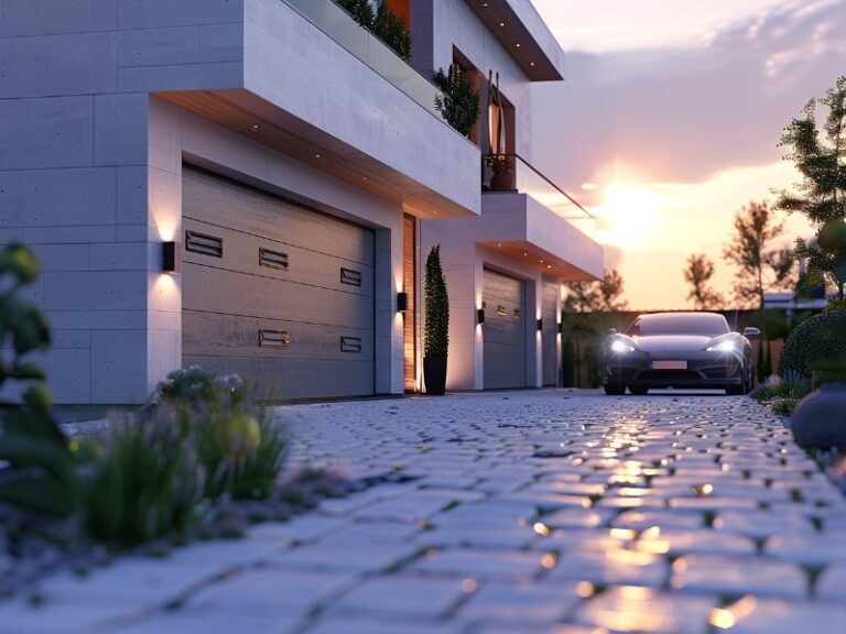 A contemporary house with modern garage doors, soft exterior lighting, and a cobblestone driveway, featuring a luxury car parked outside at sunset.