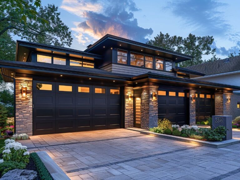 Modern home with a black garage door, warm lighting, and a paved driveway.