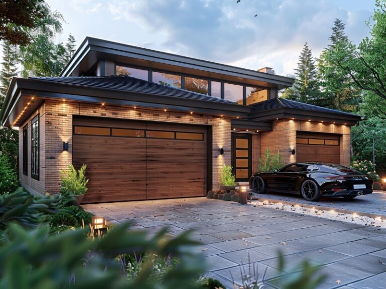 Modern house with a brick and wood exterior, featuring two wooden garage doors, large windows, and warm lighting. A sleek black car is parked in the paved driveway, surrounded by lush greenery.