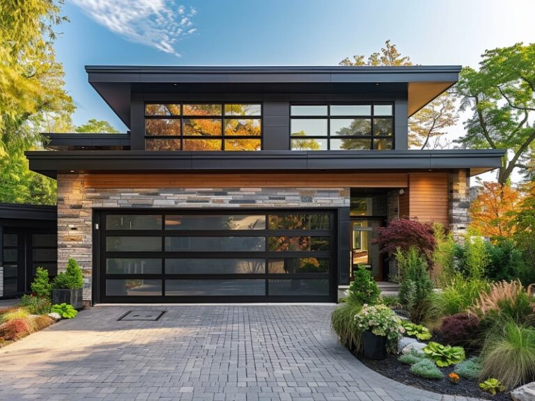 A modern two-story home with large glass windows, a sleek black garage door, and a meticulously landscaped front yard featuring various plants and shrubs, all under a clear blue sky.