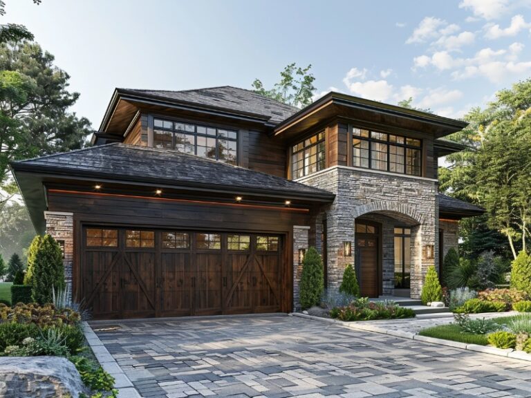 Elegant two-story house with stone and wood exterior, featuring a wooden garage door, large windows, and a paved driveway, surrounded by landscaped greenery.