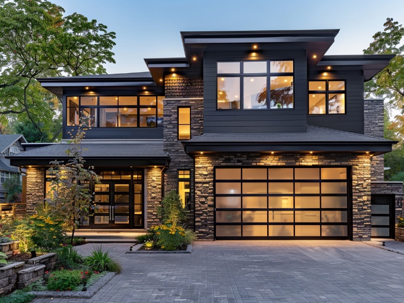 Modern home featuring a sleek glass door garage.