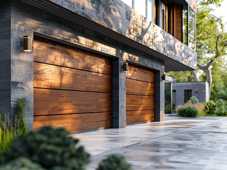 Wood garage door with Advanced Garage Door Safety Sensors.