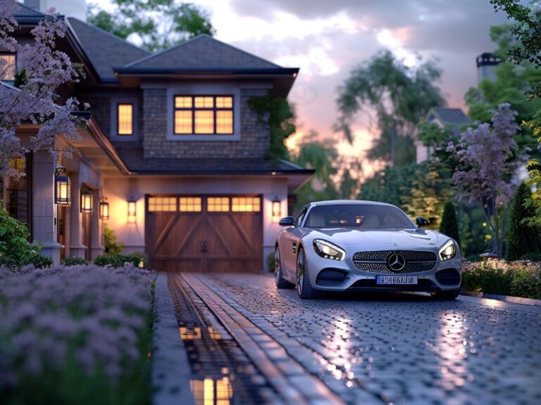 Elegant two-story house with warm lighting, featuring a wooden garage door with windows. A silver car is parked on the wet, reflective cobblestone driveway, surrounded by lush greenery and flowering plants.