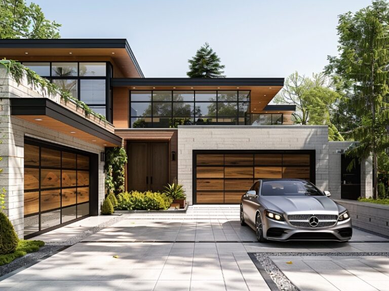 A luxurious modern home with large glass windows and wooden garage doors, featuring a silver sports car parked in the spacious driveway, surrounded by lush greenery.