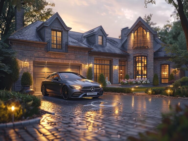 A luxurious house with warm lighting, a dark garage door, and a black car parked on a wet cobblestone driveway.