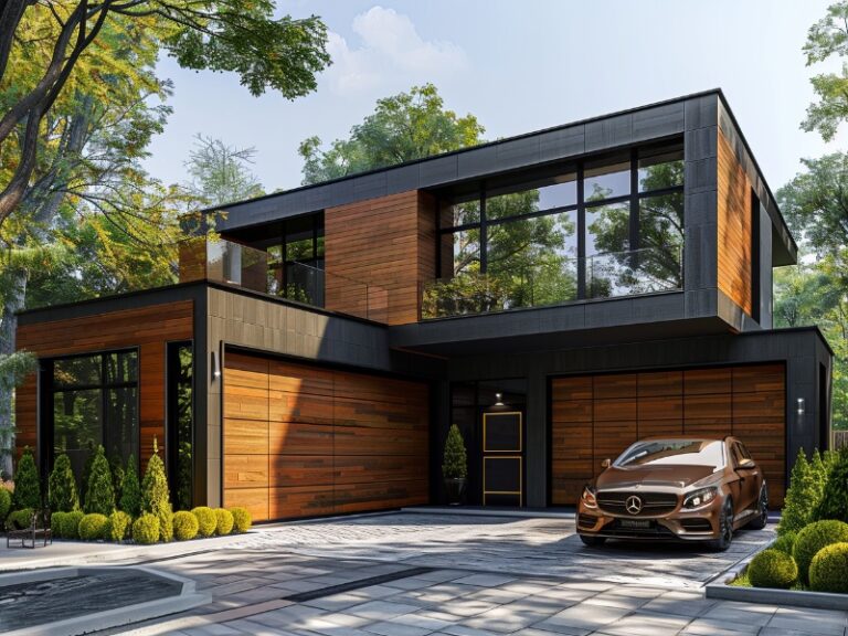 A modern house with wooden garage doors and large windows, featuring a luxury car parked in front, surrounded by contemporary landscaping and tall trees.