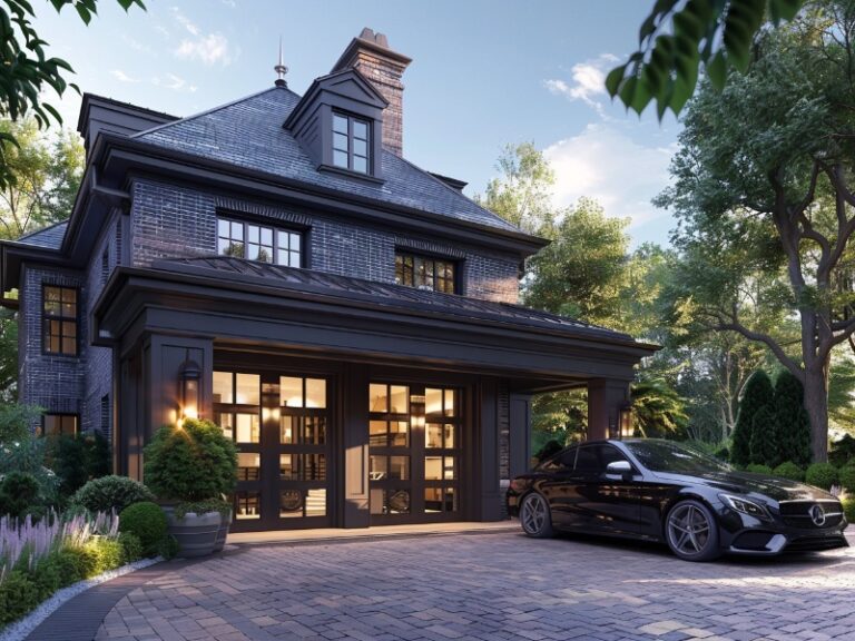 A black car parked in front of a large, elegant house with a brick exterior and a double garage door, surrounded by lush greenery and a cobblestone driveway.