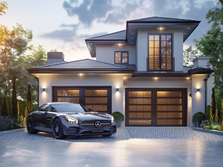 "Modern two-story house with glass-panel garage doors and a luxury car parked in the driveway."