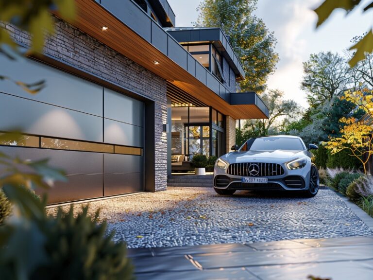 Modern home showcasing a sleek, contemporary garage door enhancing curb appeal.