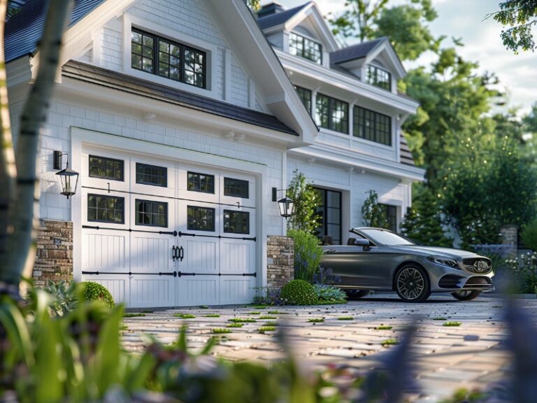 "Elegant two-story house with white garage doors and a parked luxury car in the driveway."