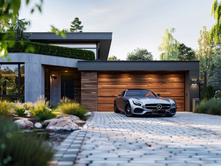 A modern house with a wooden garage door, featuring a sleek black car parked in front and surrounded by a landscaped driveway.