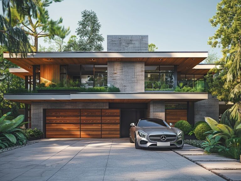 Modern two-story house with wooden garage doors, large windows, and a sleek design, surrounded by lush greenery. A silver car is parked in the paved driveway.