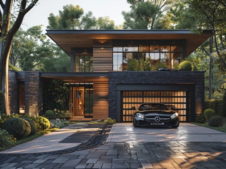 Modern glass garage door with smart garage door opener.