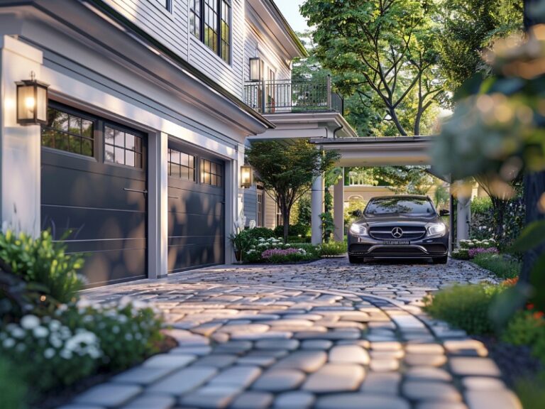Elegant two-story house with a white exterior, featuring two dark garage doors, surrounded by lush greenery and a cobblestone driveway with a car parked under a covered area.
