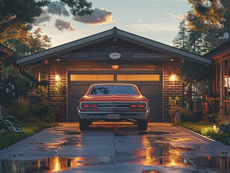 A vintage car parked in front of a cozy garage at sunset.