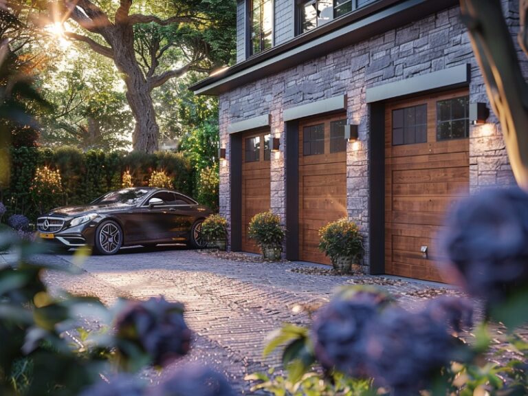 A sleek black car parked in front of a house with three wooden garage doors, surrounded by lush greenery and blooming flowers.