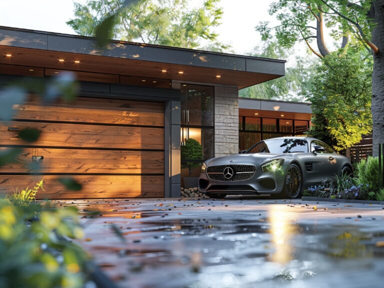 Modern single-story house with a wooden garage door, large windows, and sleek design, set against lush greenery and a wet, paved driveway with a car parked in front.
