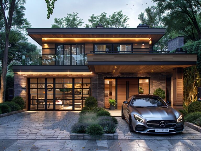 A modern house with large glass garage doors and a sleek car parked on the driveway.