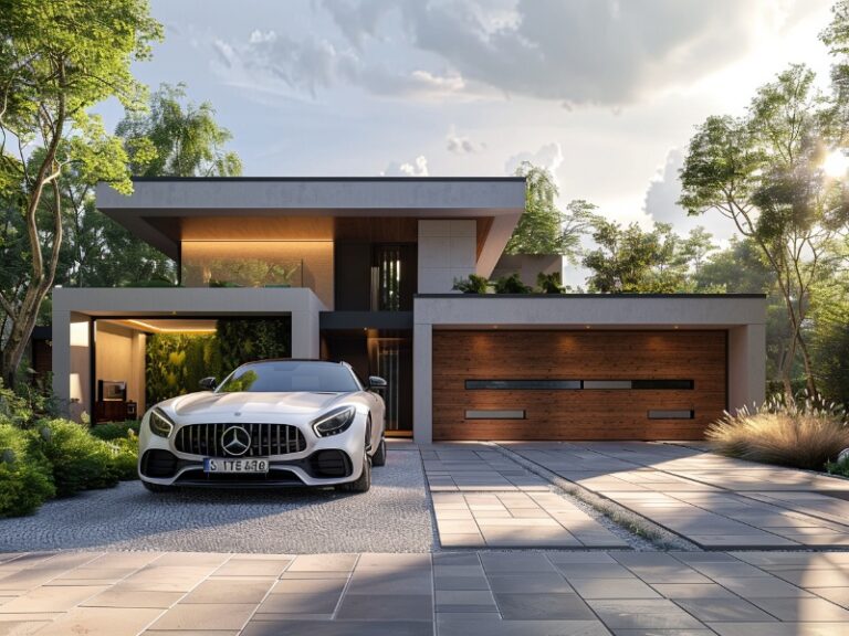 A contemporary house with a wooden garage door, sleek design, and large windows, featuring a luxury white car parked in front, set on a stylish driveway with lush greenery around.