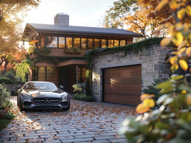 Modern two-story house with a stone exterior, large windows, and a dark-colored Mercedes parked in front of a double garage door, surrounded by an autumn landscape with fallen leaves and vibrant foliage.