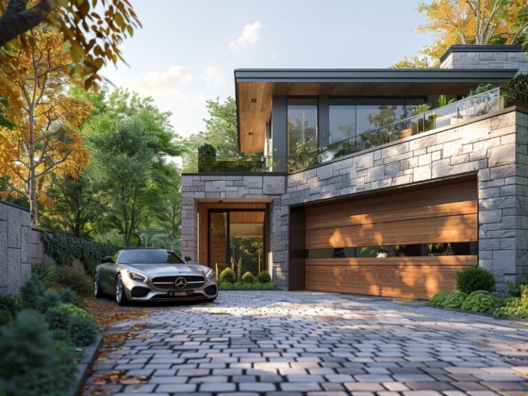 A white car parked in the driveway of a modern house with a wooden garage door.
