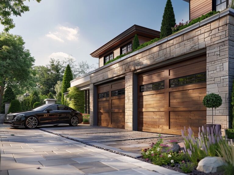 Elegant house with a stone exterior and two wooden garage doors with windows. A black car is parked in the driveway, which is surrounded by neatly landscaped greenery and plants.
