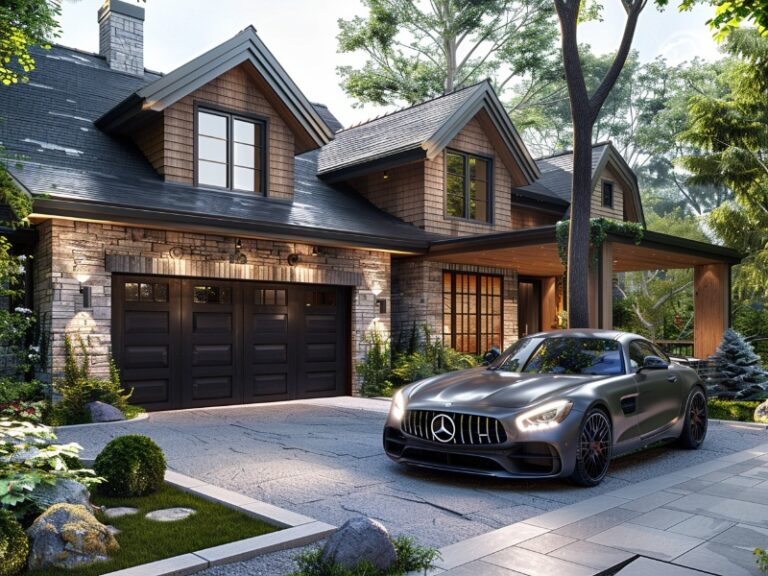 A luxurious home with a stone and wood exterior, featuring a black sports car parked in the driveway and a double garage door, surrounded by well-maintained landscaping and mature trees.