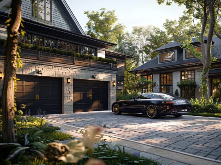 A charming house with dark garage doors and a classic architectural style, featuring a luxury black car parked in front, surrounded by lush greenery and a cobblestone driveway.