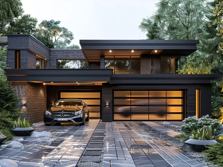 "Modern home with black exterior, glass garage doors, and a luxury car parked on a polished stone driveway."