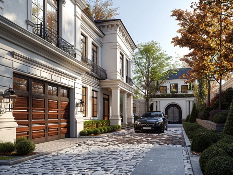 "Elegant house with wooden garage doors and a luxury car parked on a cobblestone driveway."