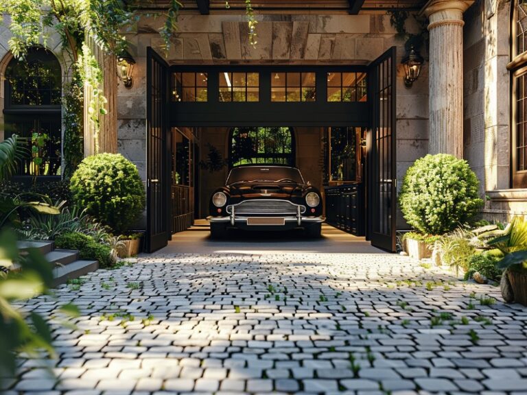 "Classic car parked in a charming garage with open doors, surrounded by lush greenery and a cobblestone driveway."