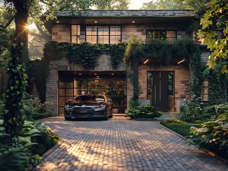 "Charming home exterior with ivy-covered walls, a sleek car in the driveway, and lush greenery."