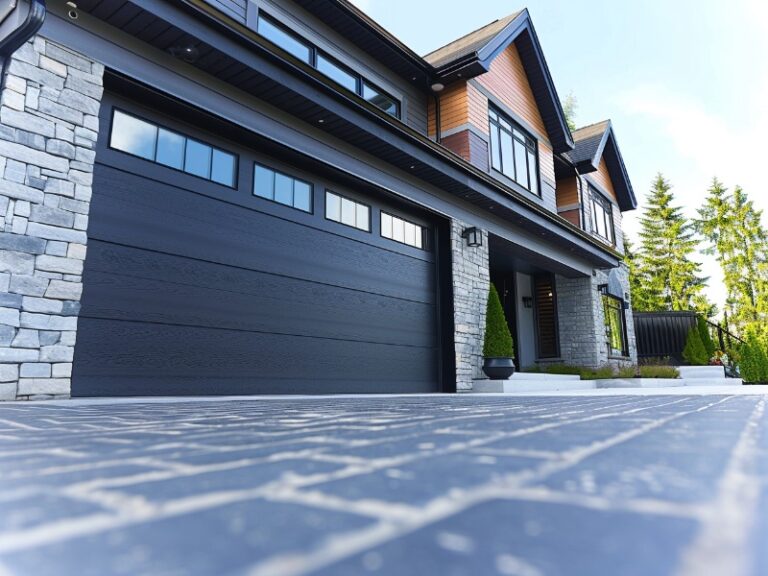 Modern home with a sleek black garage door and stone facade.