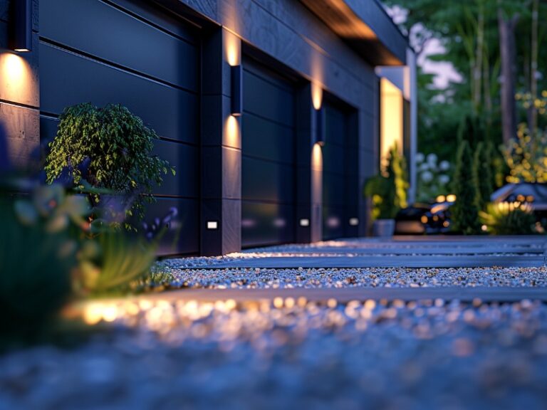 A modern house with three black garage doors, illuminated by soft outdoor lighting, surrounded by a well-maintained garden and gravel pathway.