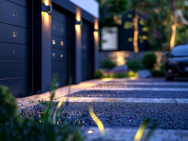 Close-up of a modern garage with dark doors, illuminated by warm lights, and a paved driveway, with greenery and a car in the background.