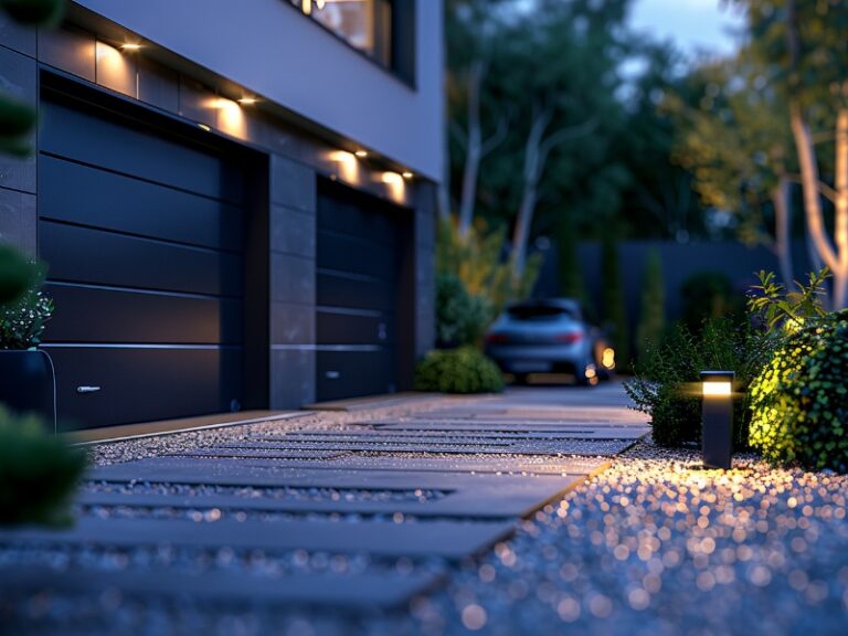 Modern home with black garage doors, a well-lit driveway, and surrounding greenery.