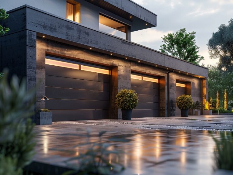 Modern house with dark exterior and three sleek garage doors, featuring a wet, reflective driveway and well-manicured shrubs in planters, with a green garden and trees in the background