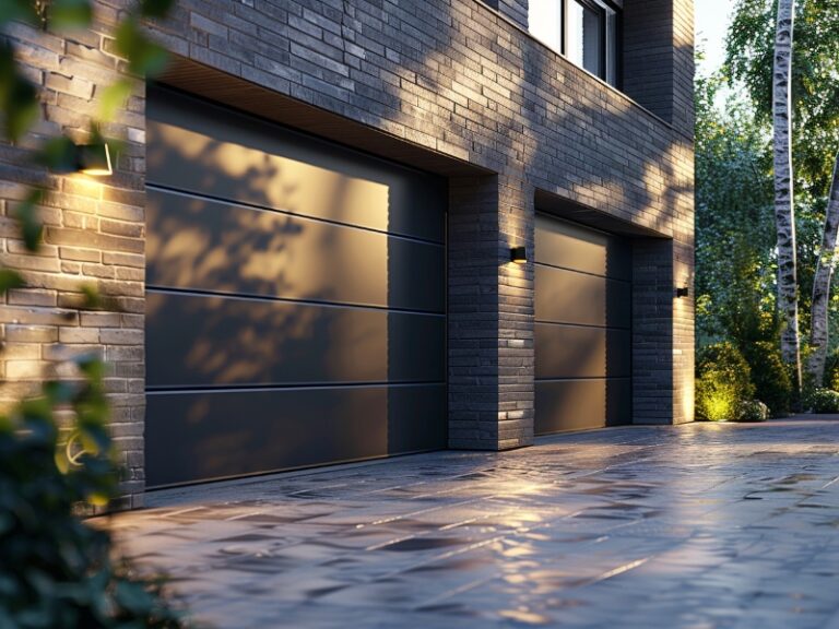 "Sleek modern home exterior with dark garage doors and a polished stone driveway."