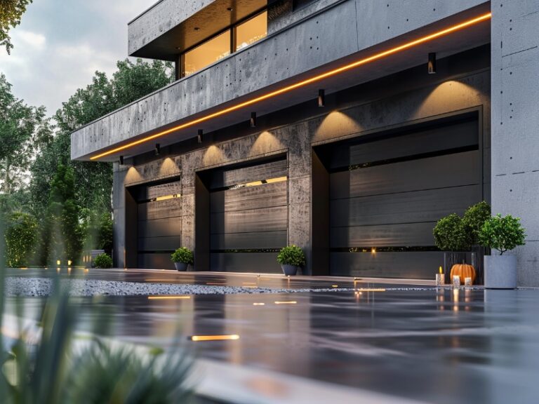 Modern home with three sleek black garage doors and a polished concrete exterior.