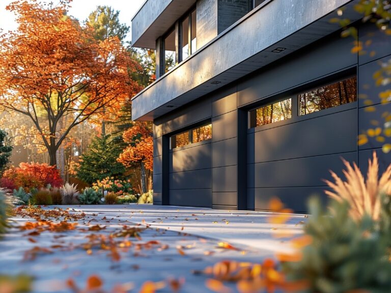 Modern home with black garage doors, surrounded by autumn foliage and fallen leaves.