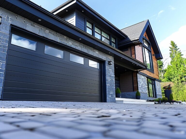 A modern house with a black garage door featuring horizontal windows, a stone facade, and a tiled driveway under a clear blue sky.