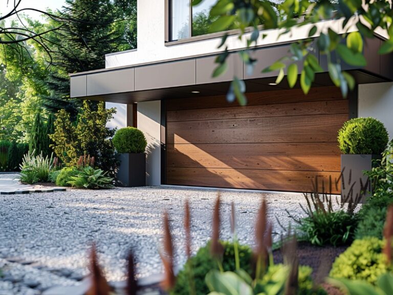 Modern wood Raynor garage door with programmable keypad.