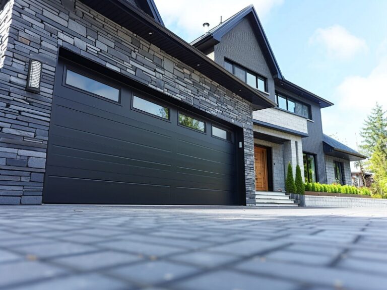 A modern house with a sleek black garage door, stone facade, and contemporary design, featuring a spacious driveway with stylish paving.