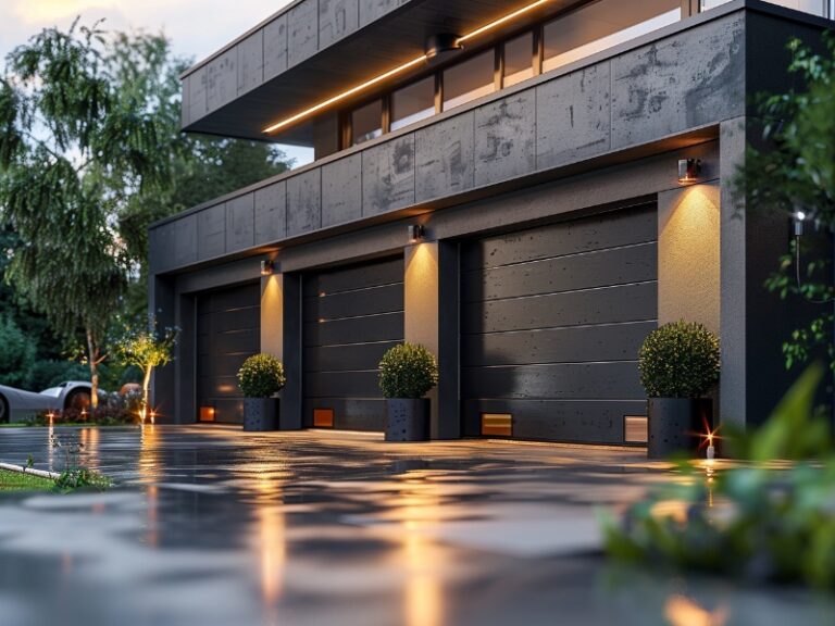 Modern home with sleek black garage doors, evening lighting, and wet driveway reflecting the lights.